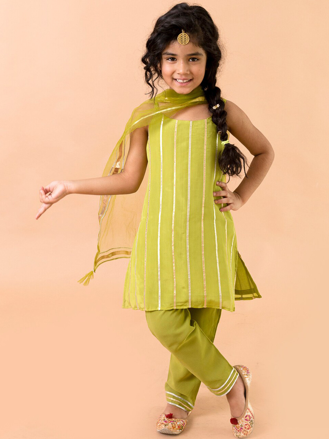 Fairies Forever Girls Green Lines of Pure Bond Kurta Set