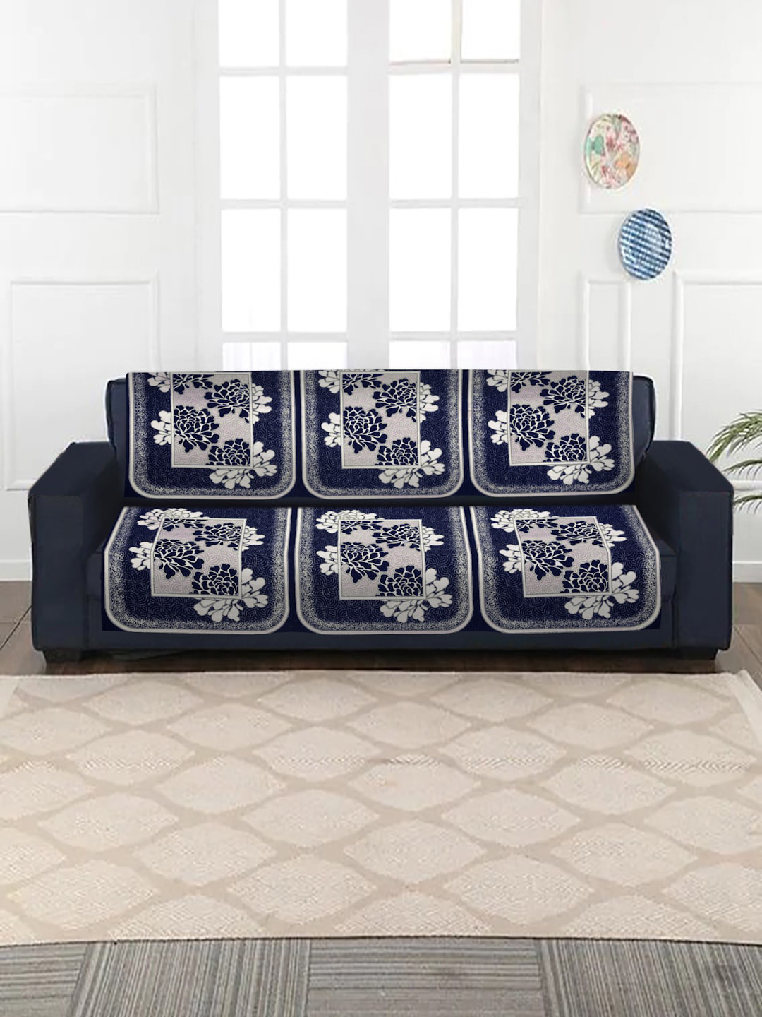 HOSTA HOMES 6-Pieces Navy Blue Jacquard 3 Seater Sofa Cover
