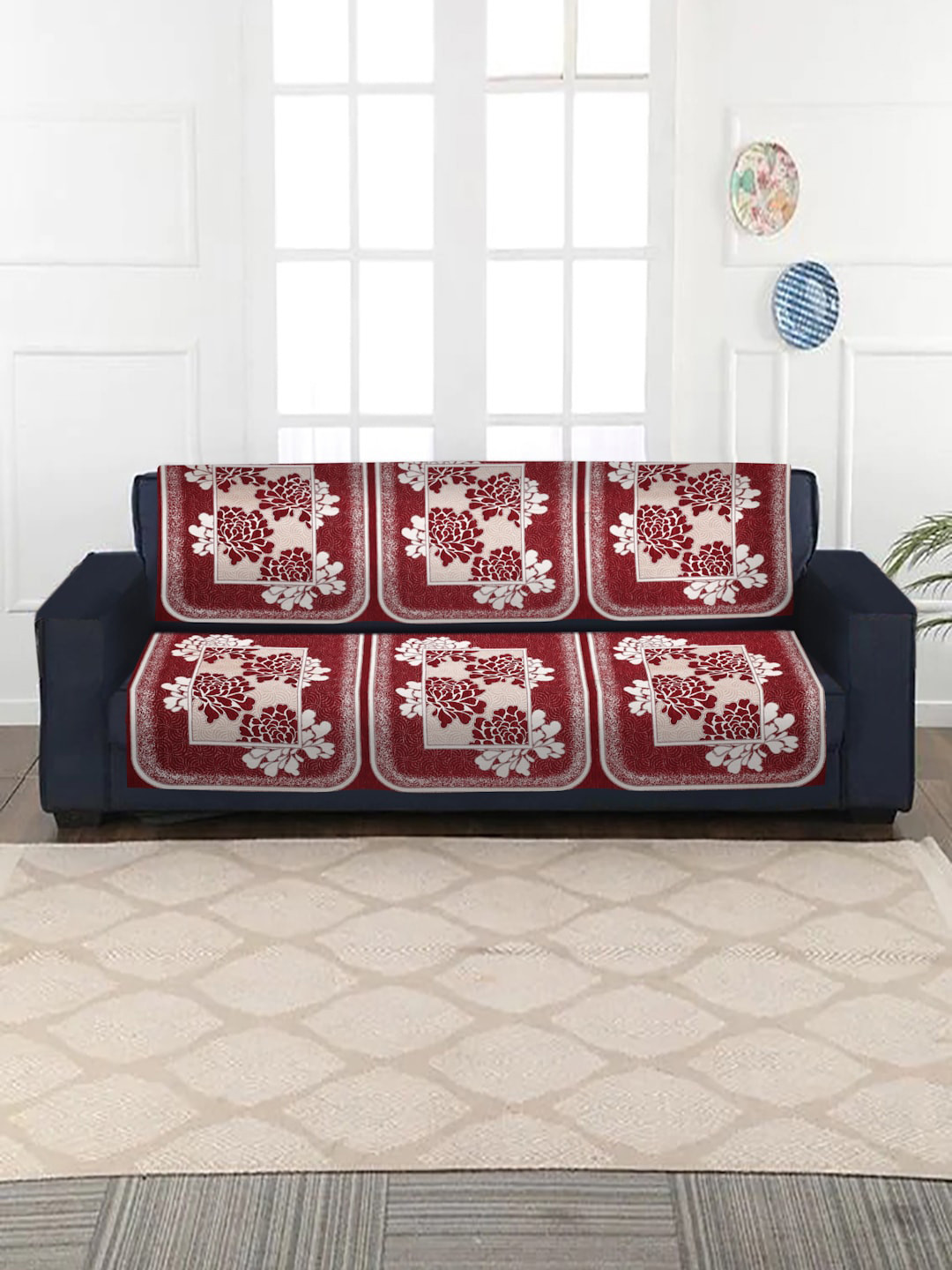 HOSTA HOMES 6-Pieces Maroon Jacquard 3 Seater Sofa Cover