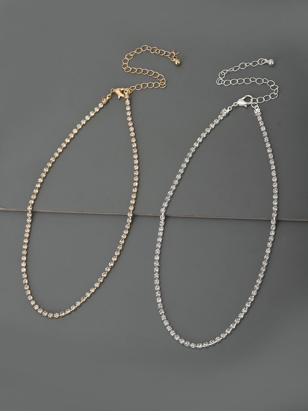 Carlton London Set of 2 Silver & Gold Toned CZ Studded Gold and Rhodium Plated Necklace