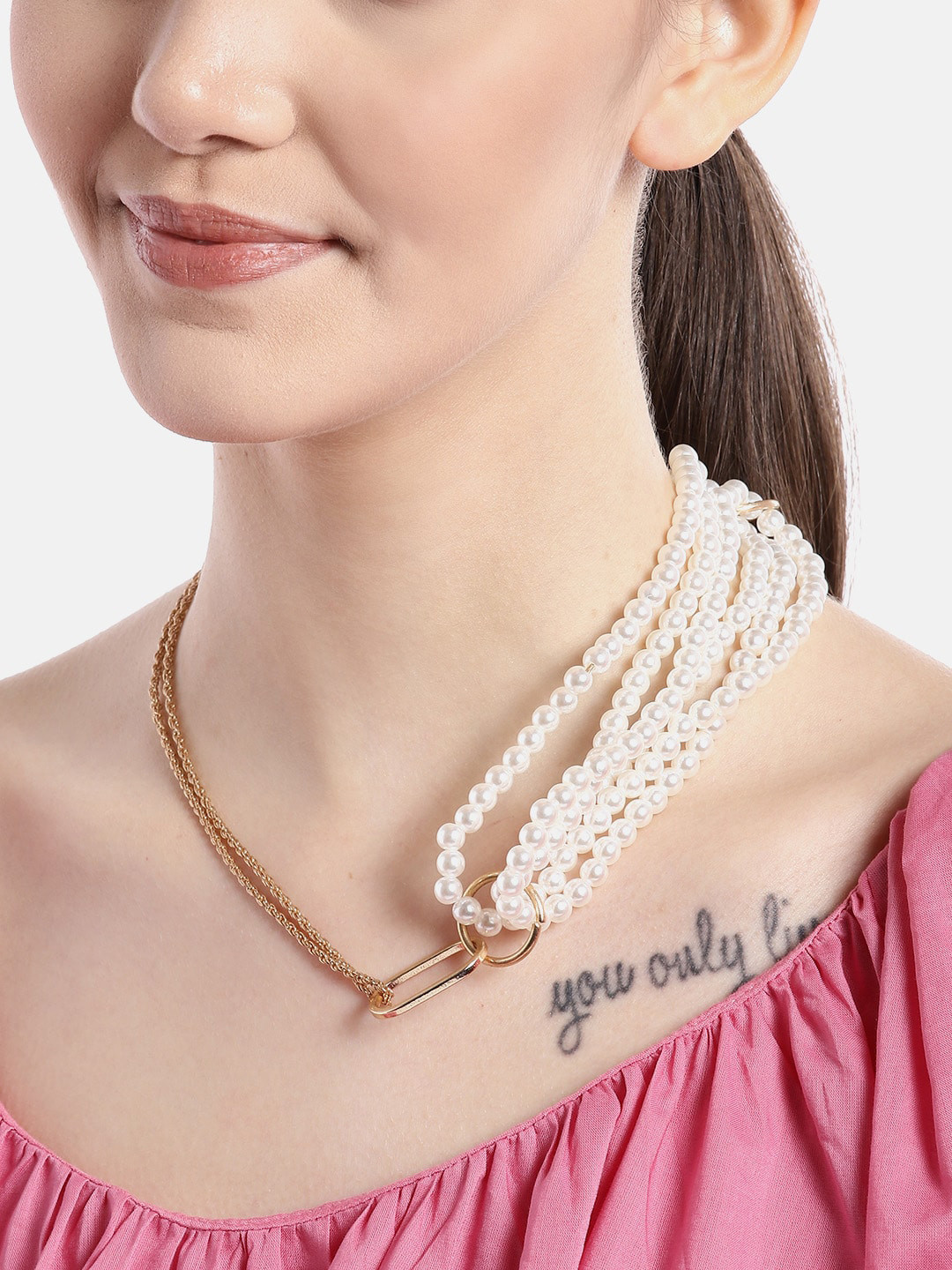 Carlton London Rose Gold Toned & White with Pearl Rose Gold Plated Multilayered Necklace