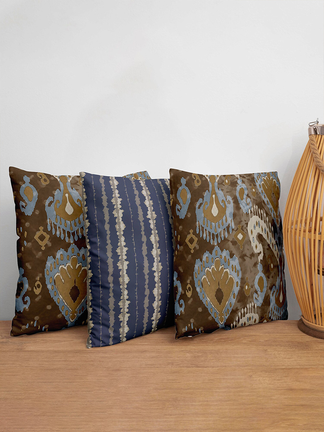 ZEBA Brown & Blue Set of 3 Ethnic Motifs Printed Square Cushion Covers