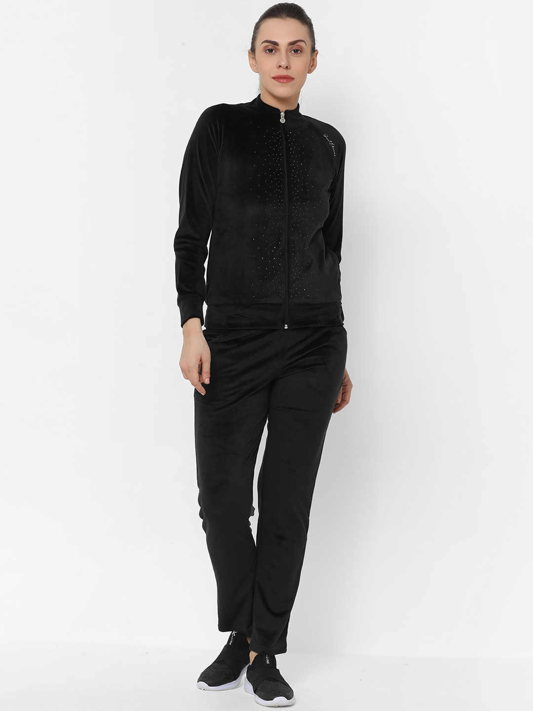 Sweet Dreams Women Black Solid Pure Velour Spandex Tracksuit