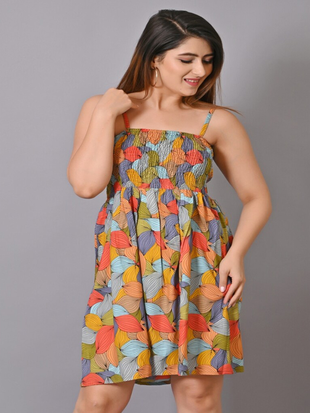 IQRAAR Green Abstract Fit & Flare Dress
