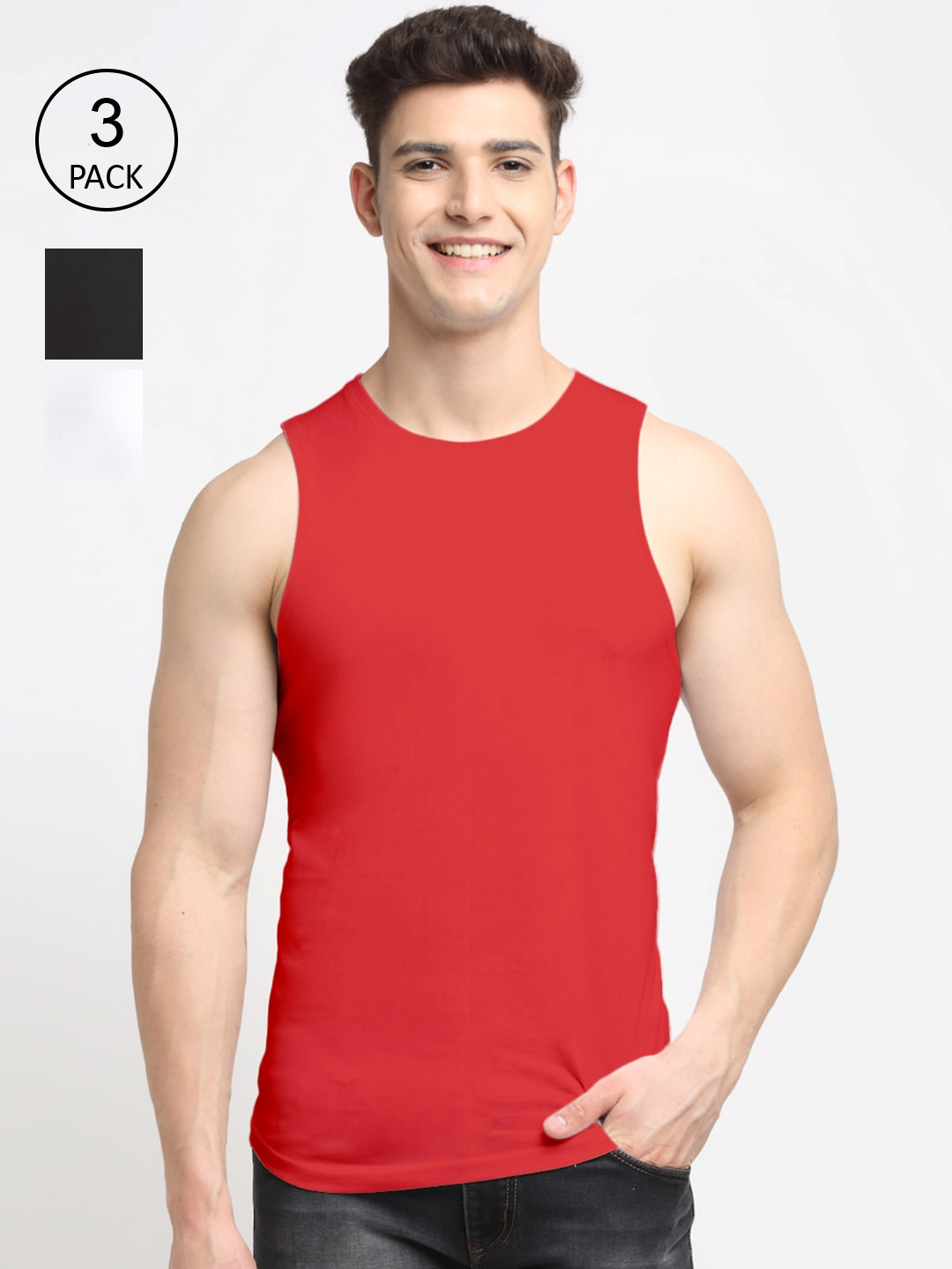 Friskers Men Red & Black Solid Cotton Apple Cut Innerwear Vests Pack Of 3