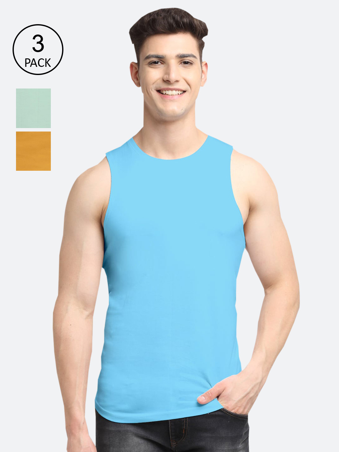 Friskers Men Pack Of 3 Solid Turquoise, Gold, Pista Cotton Innerwear Vests