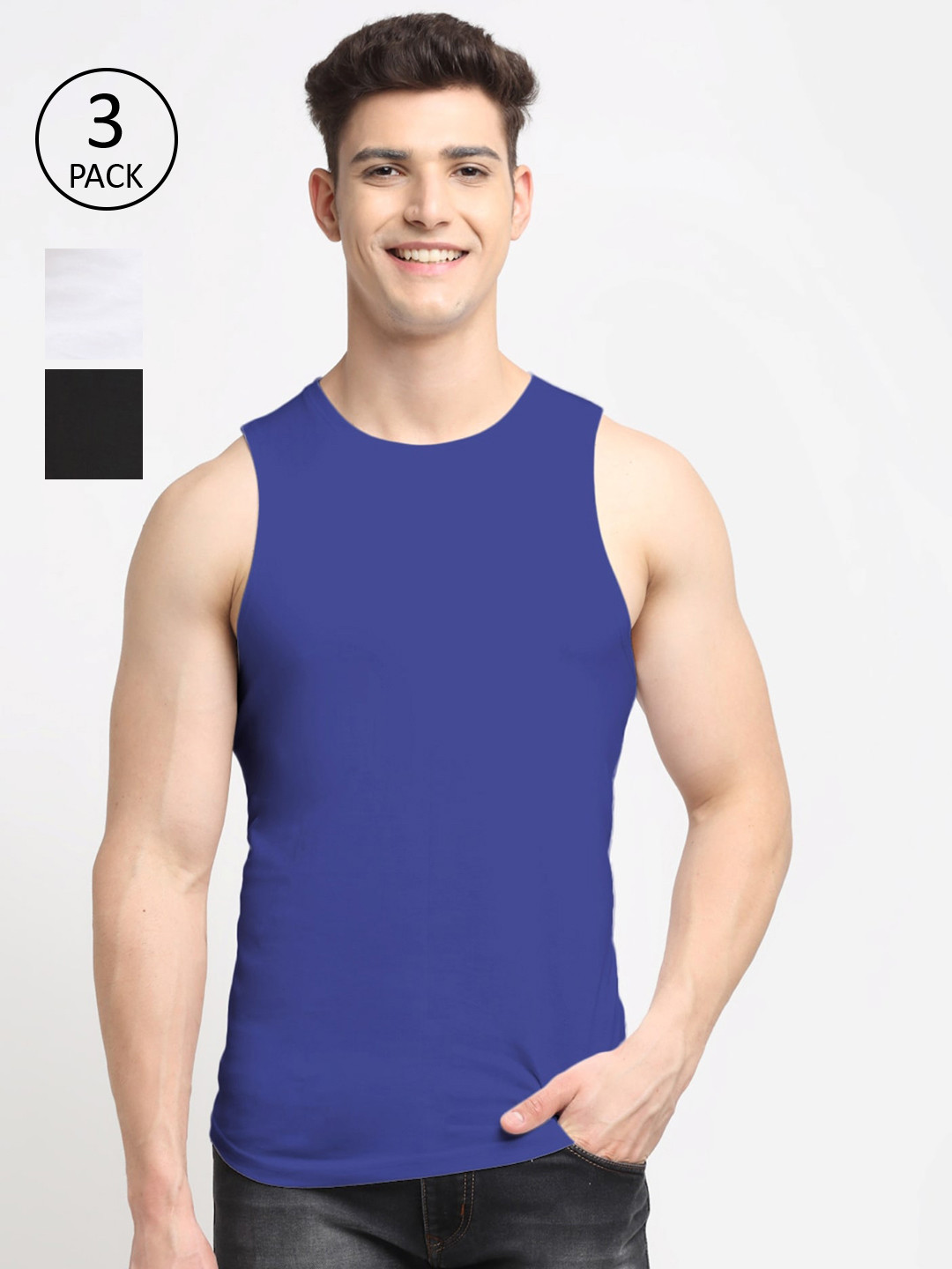Friskers Men Black White & Blue Solid Pure Cotton Innerwear Vests