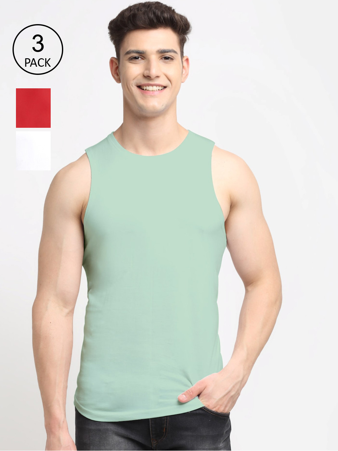 Friskers Men Set Of 3 White Red Pista Sleeveless Casual Solid Apple Cut Outerwear Vest