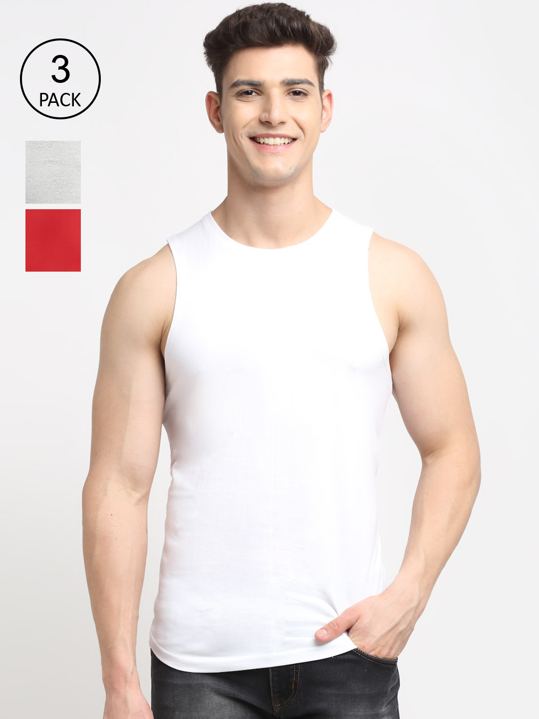 Friskers Men White and Red Pack Of 3 Solid Pure Cotton Innerwear Gym Vests