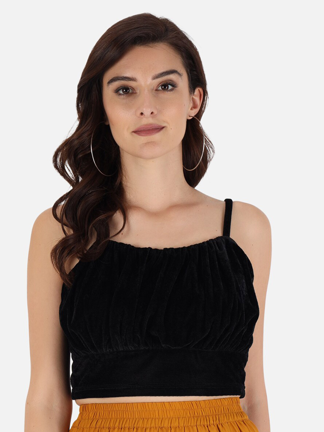 Trend Arrest Women Black Velvet Cinched Waist Crop Top