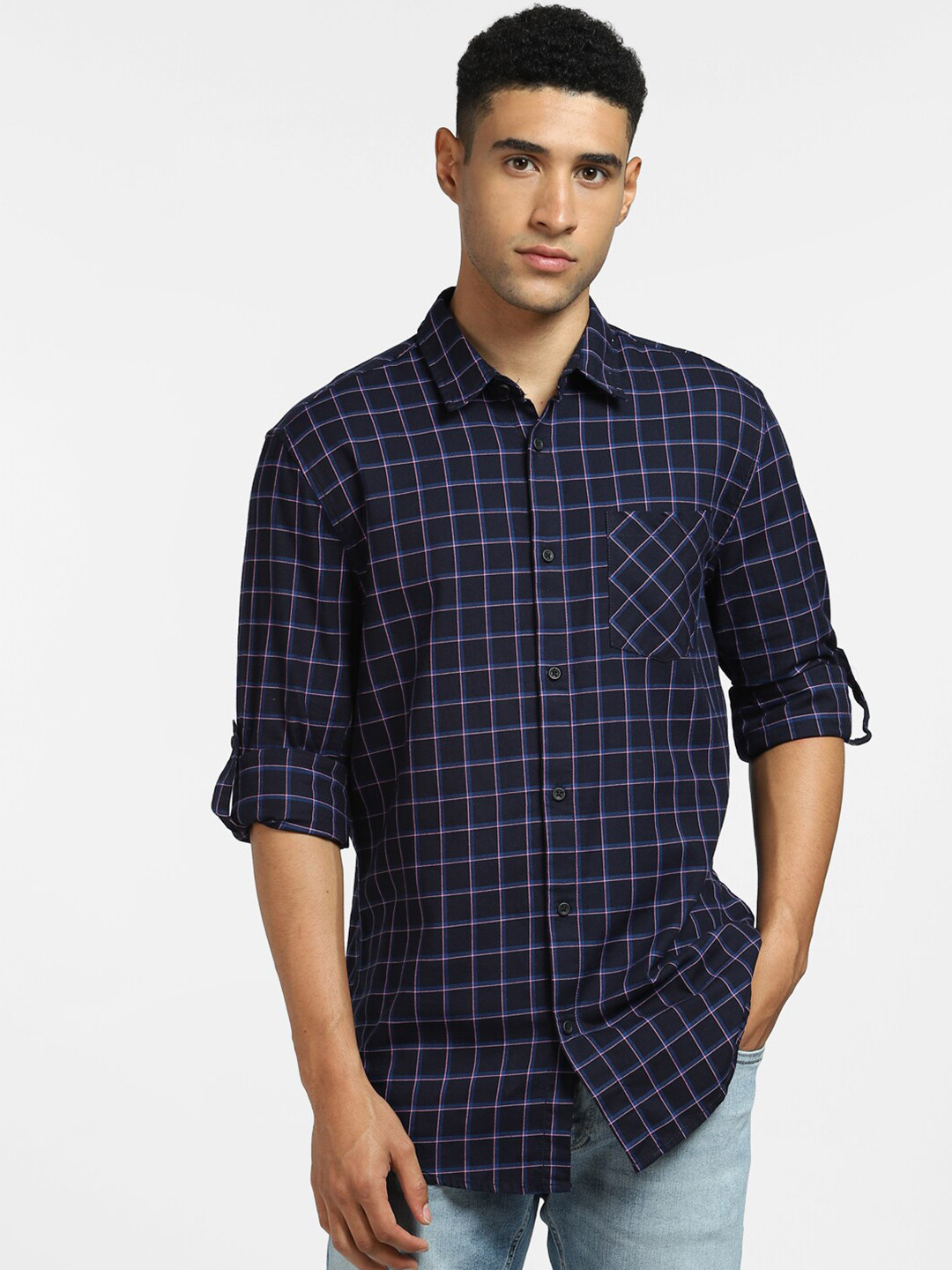 Jack & Jones Men Blue Grid Tattersall Checked Cotton Casual Shirt