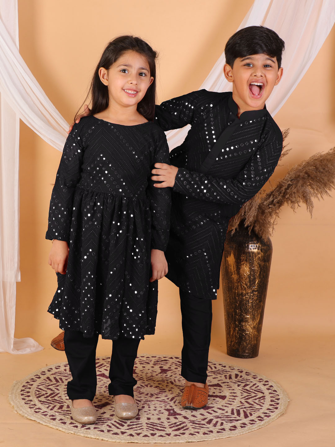 VASTRAMAY Boys Black Embroidered Layered Mirror Work Kurta with Pyjamas