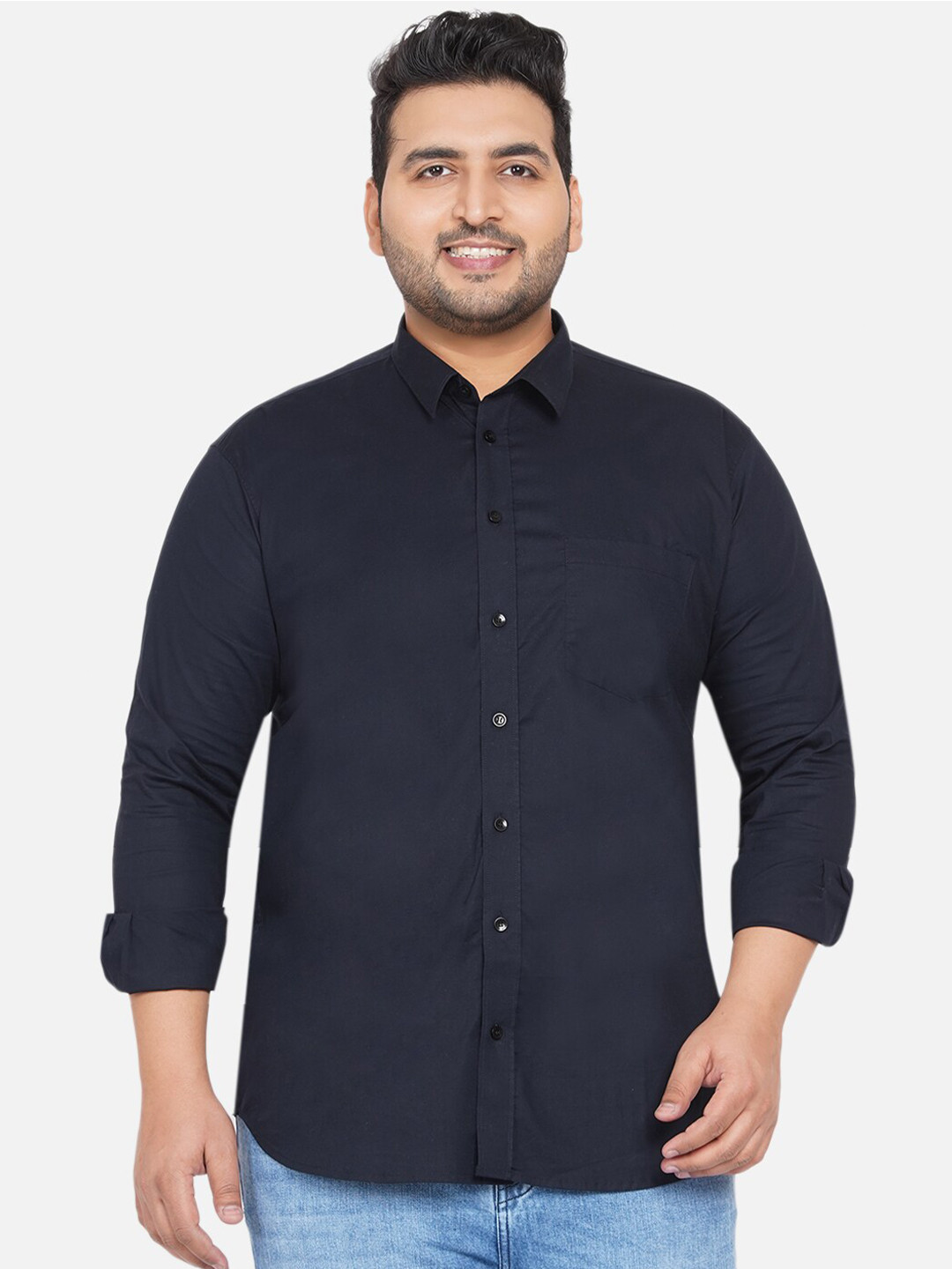 Plus Size Men Navy Blue Casual Stretchable Shirt