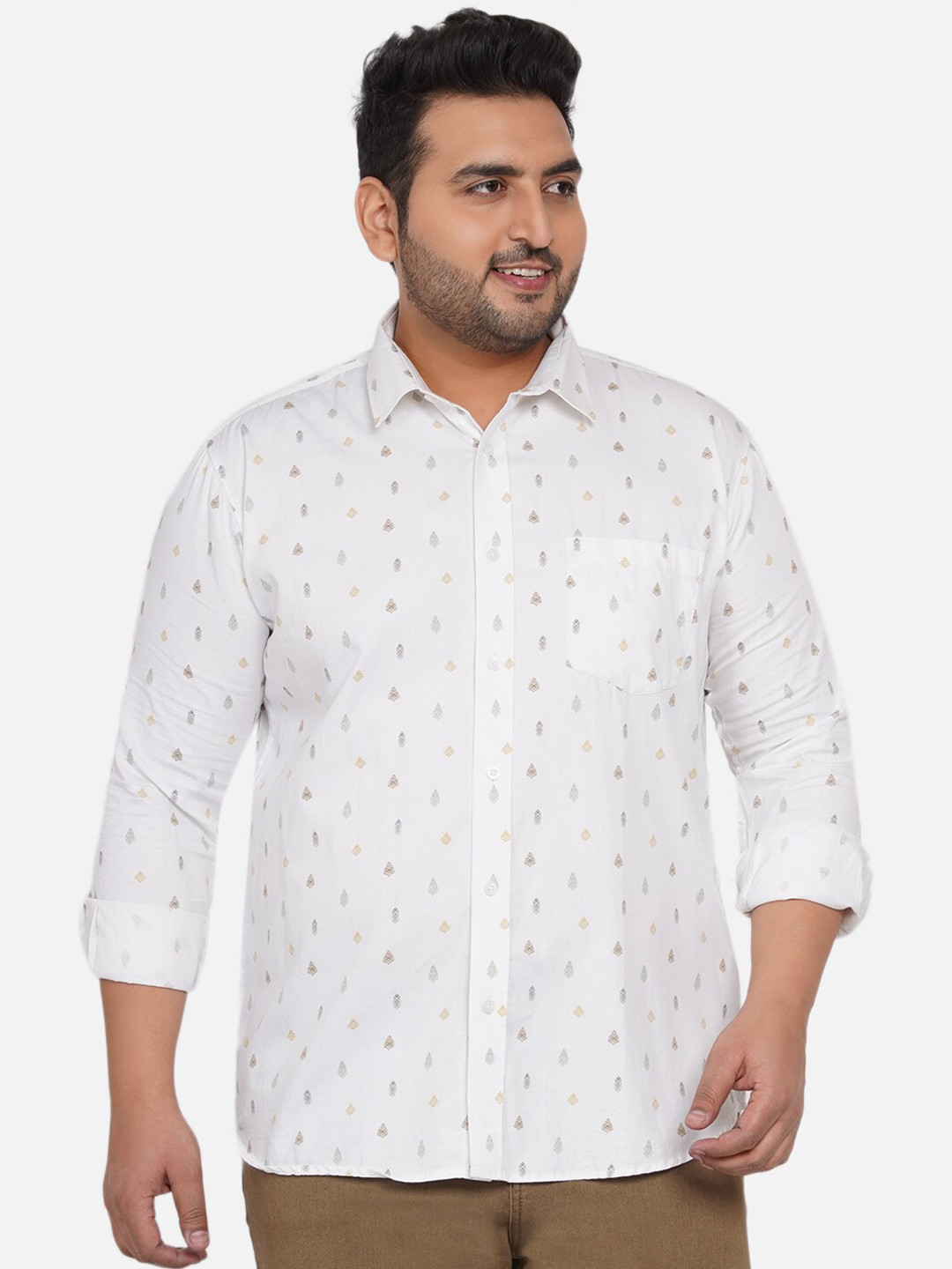 John Pride Plus Size Men White Cotton Printed Spread Collar Shirts