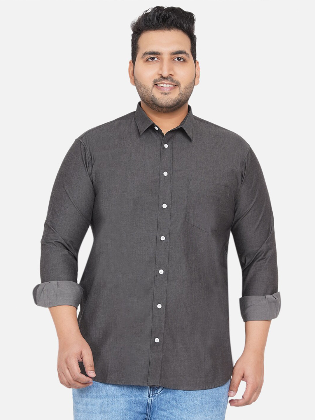 Plus Size Men Grey Solid Casual Stretchable Shirt