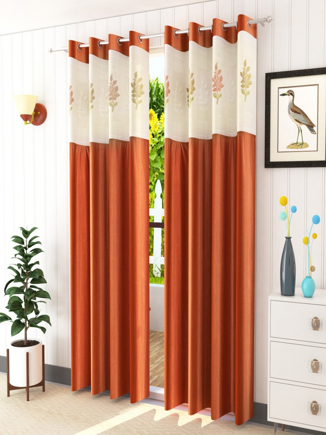 Homefab India Rust & White Set of 2 Floral Sheer Door Curtain
