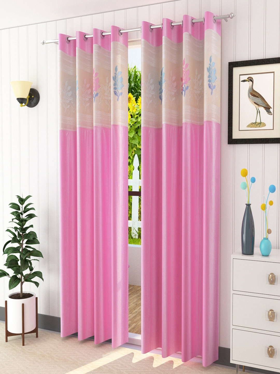 Homefab India Pink & Blue Set Of 2 Floral Sheer Long Door Eyelet Fitting Curtain-9 Feet