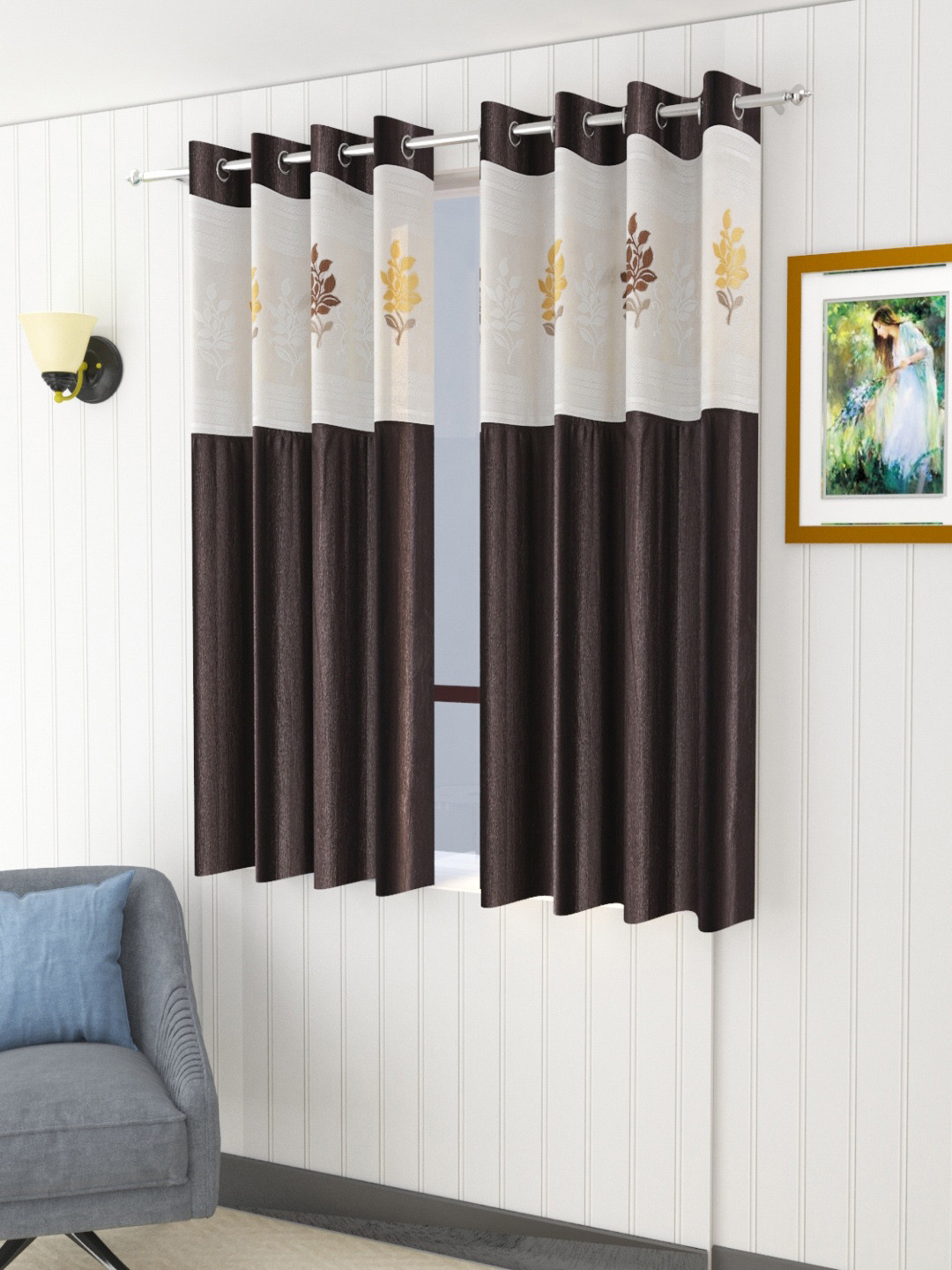 Homefab India Set of 2 Coffee Brown & Cream-Coloured Floral Sheer Window Curtain