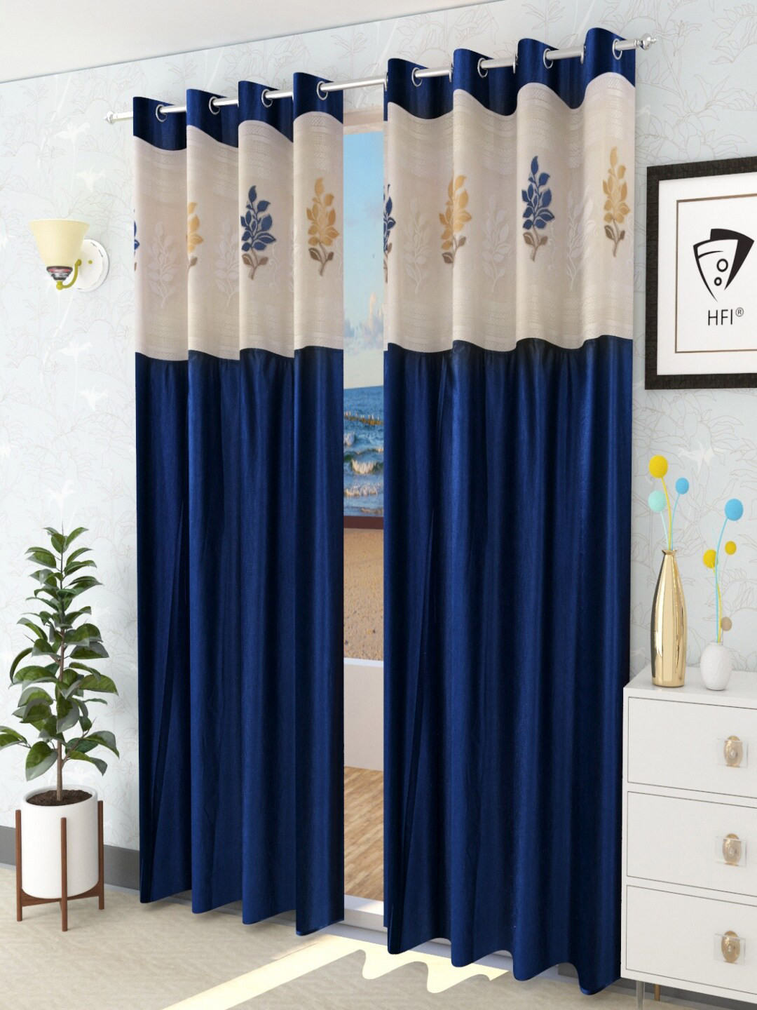 Homefab India Navy Blue & Cream-Coloured Set of 2 Floral Sheer Door Curtain