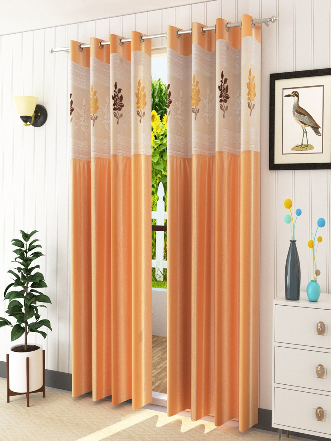 Homefab India Beige & White Set of 2 Floral Sheer Door Curtain