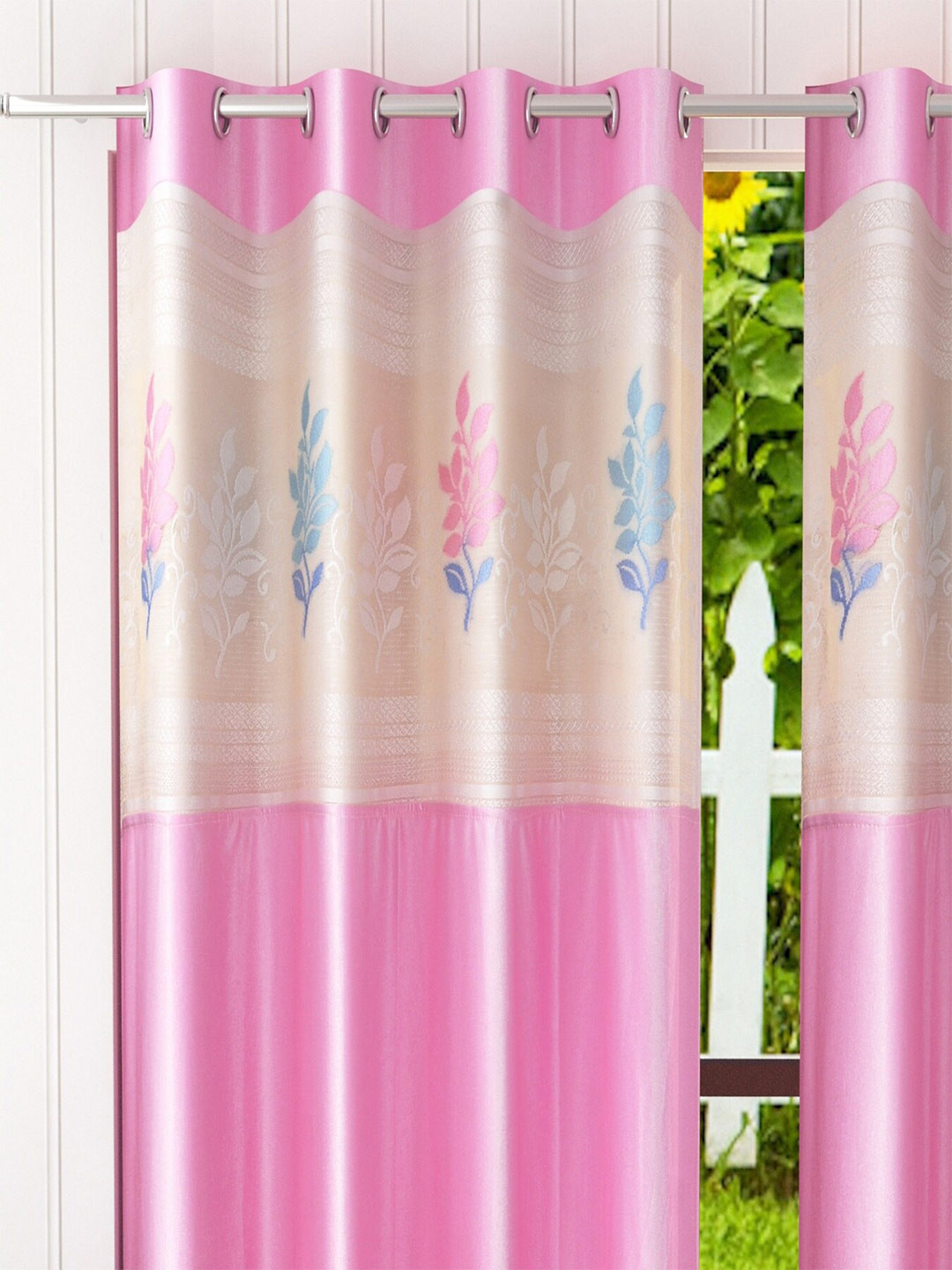 Homefab India Pink & Cream Set of 2 Floral Door Curtain