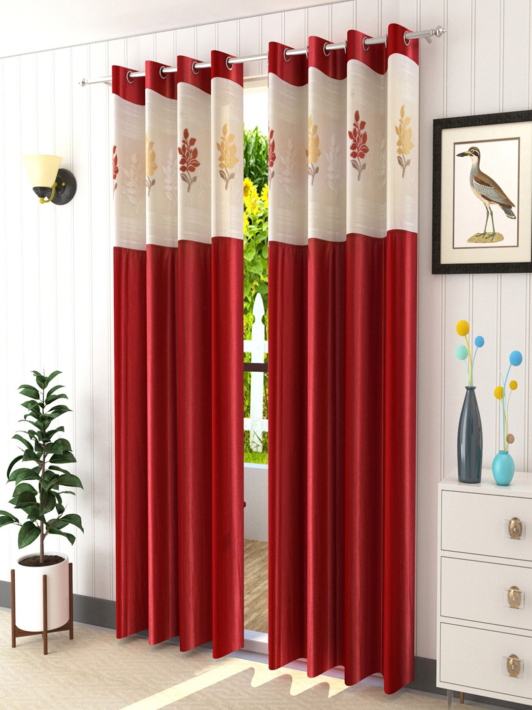 Homefab India Maroon & White Set of 2 Floral Semi Sheer Long Door Curtain