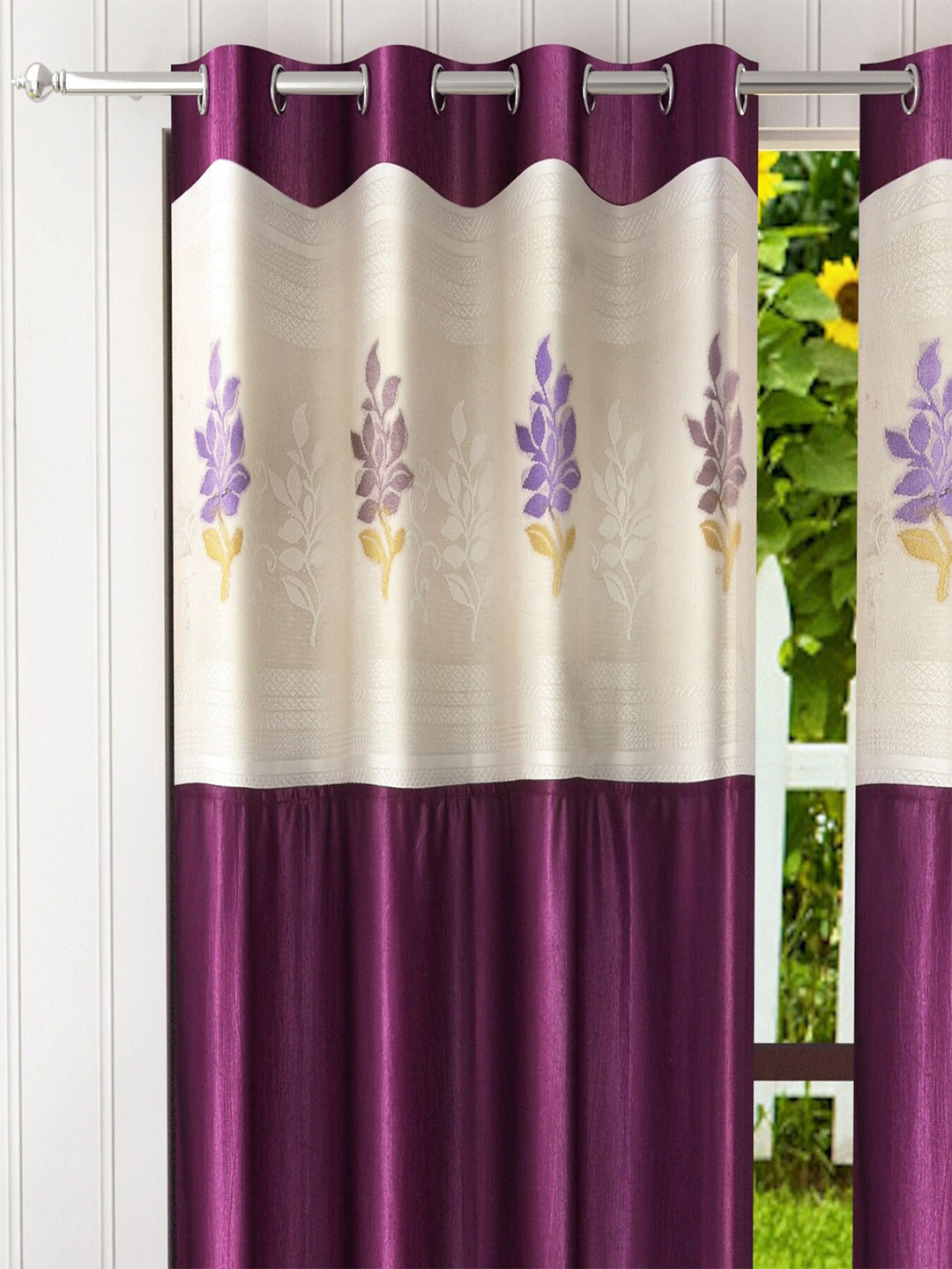 Homefab India Burgundy & Cream-Coloured Set of 2 Floral Sheer Window Curtain