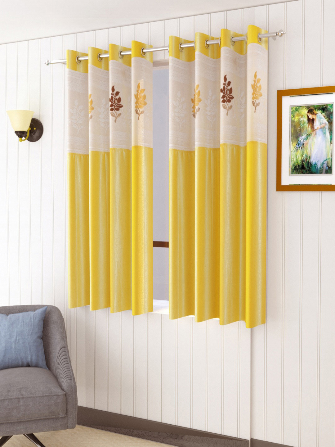 Homefab India Yellow & Beige Set of 2 Floral Window Curtains