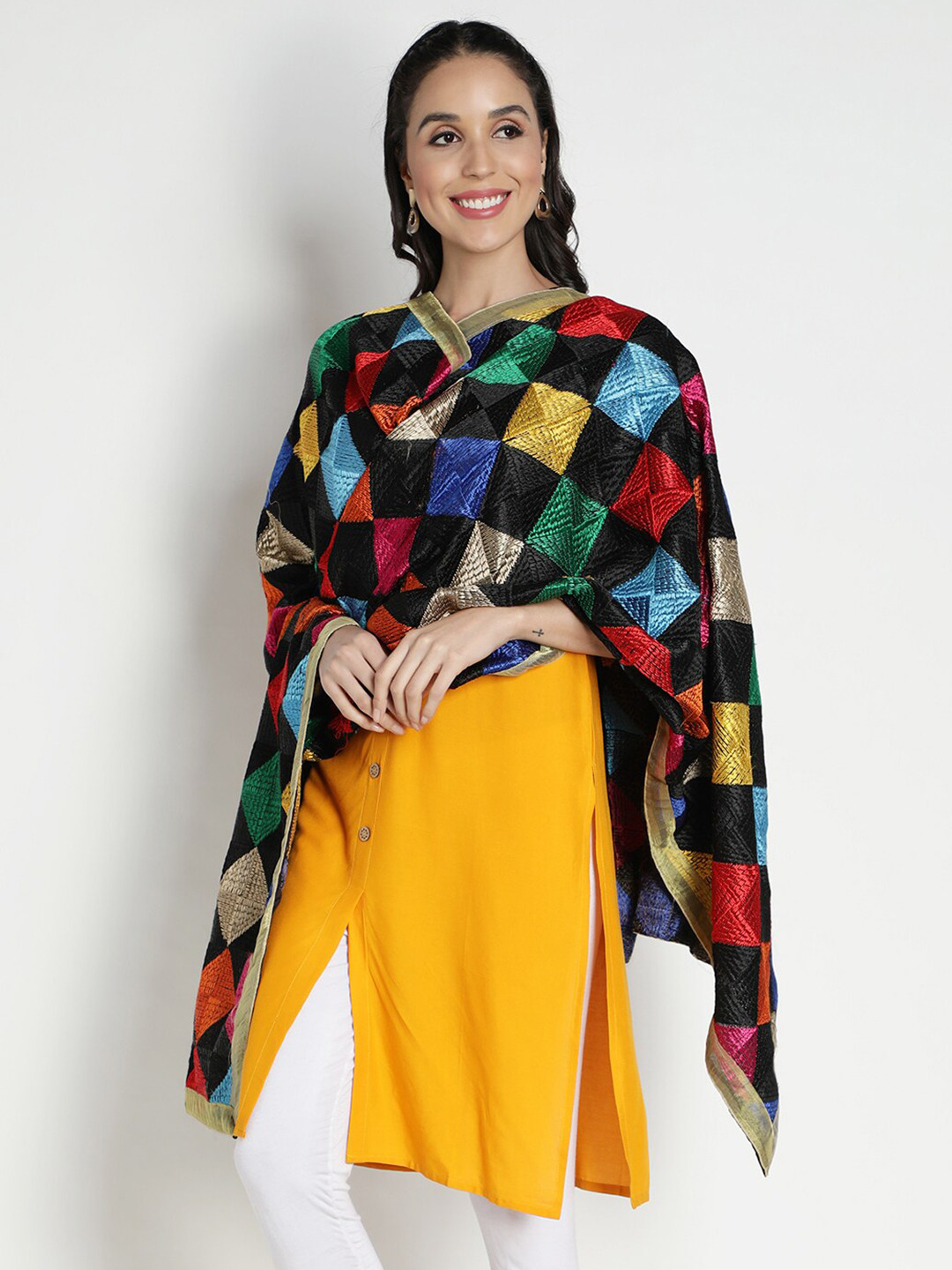 Moda Chales Woman Black & Multicoloured Embroidered Dupatta with Phulkari