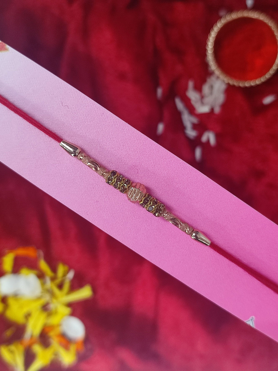 CRAYTON Men Rose Gold-Toned & Maroon Threaded Rakhi