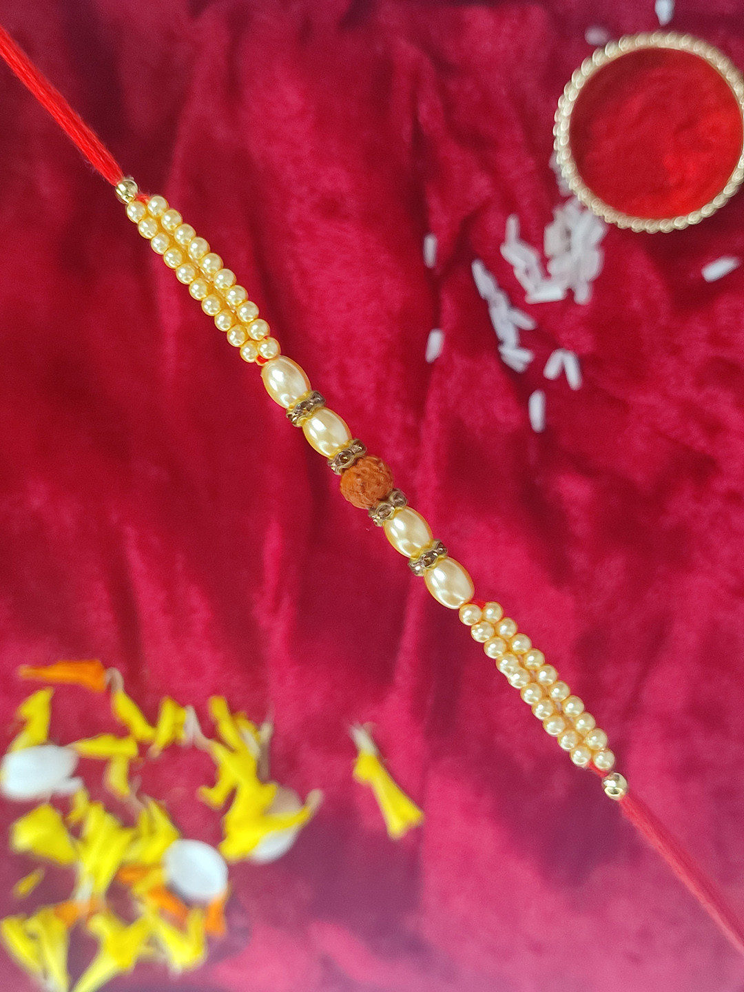 CRAYTON Men Red Pearls Beaded Rudraksh Rakhi