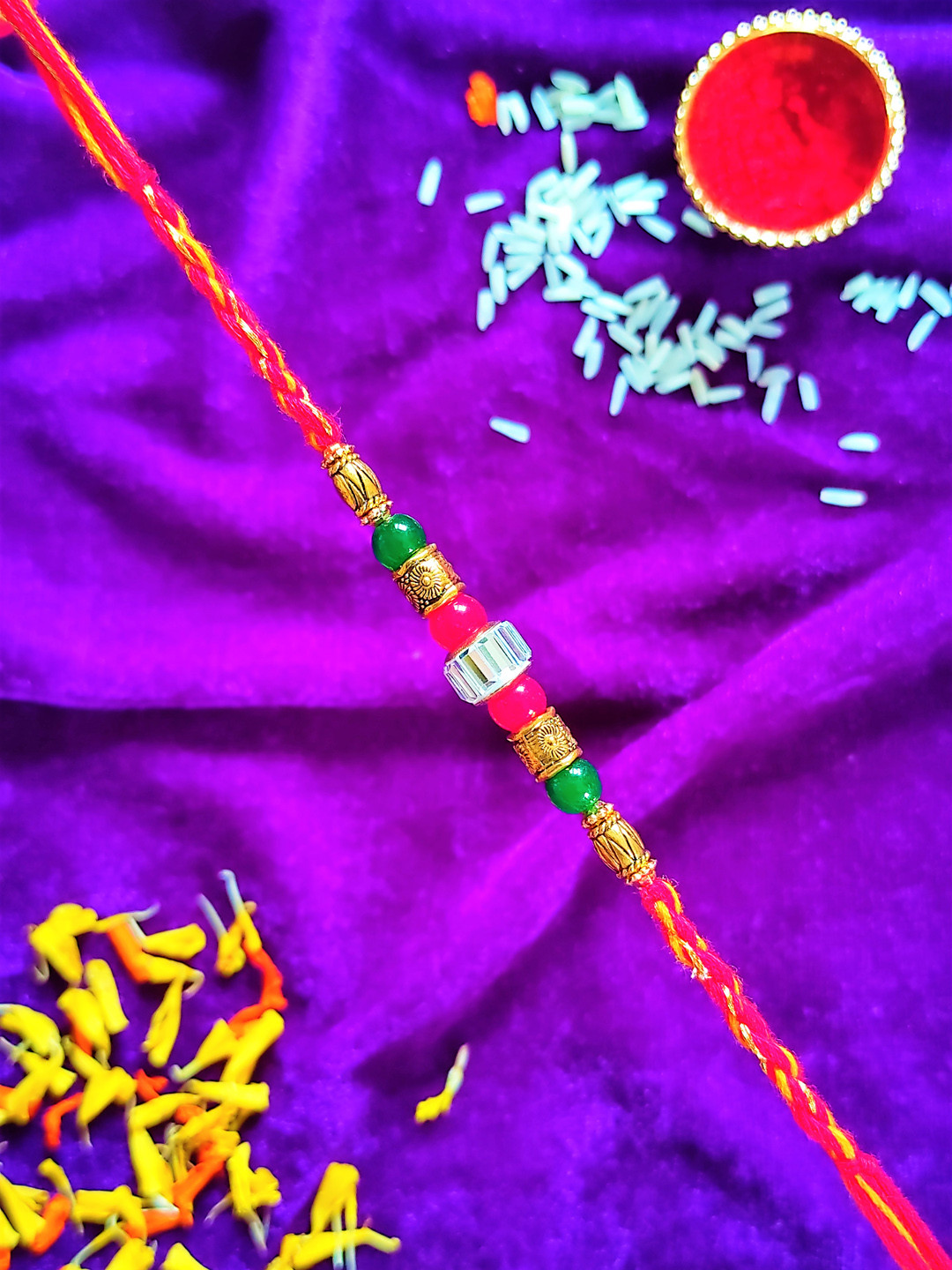 CRAYTON Red & Green Mirror Studded & Beaded Rakhi