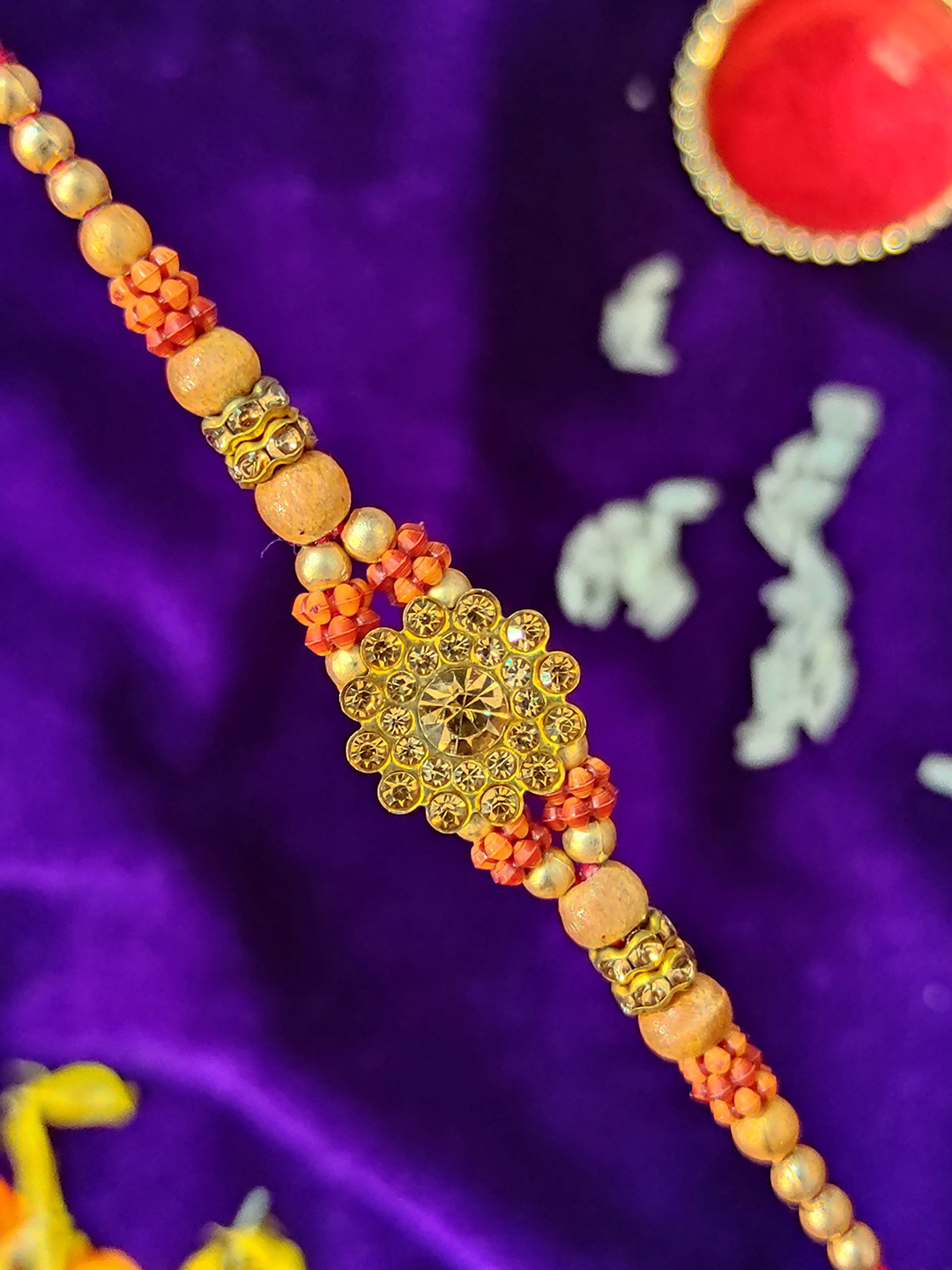 CRAYTON Men Red & Peach-Colored Sandalwood & Rudraksha Beaded Rakhi