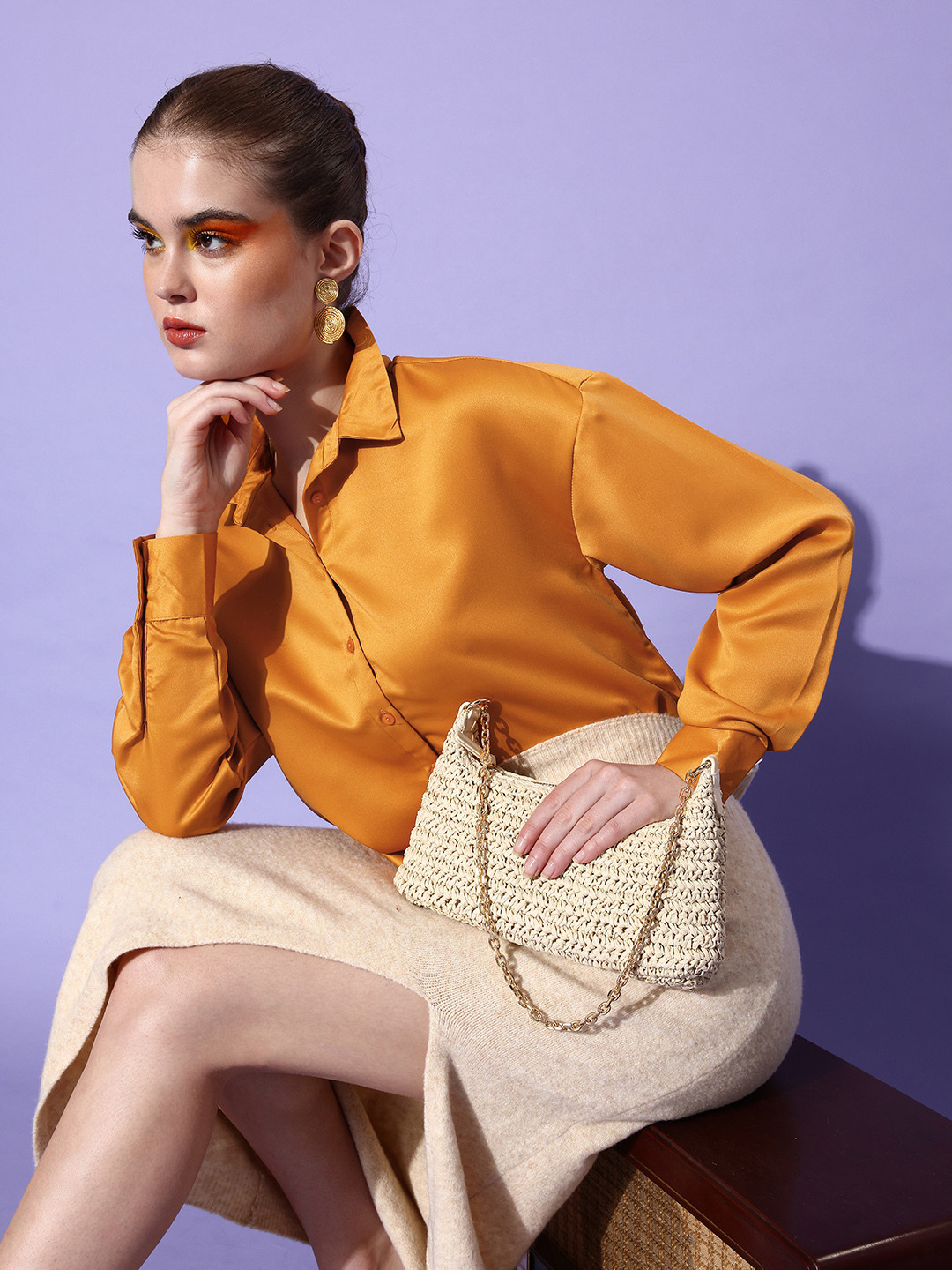 DressBerry Women Attractive Orange Solid Once Upon a Sleeve Shirt