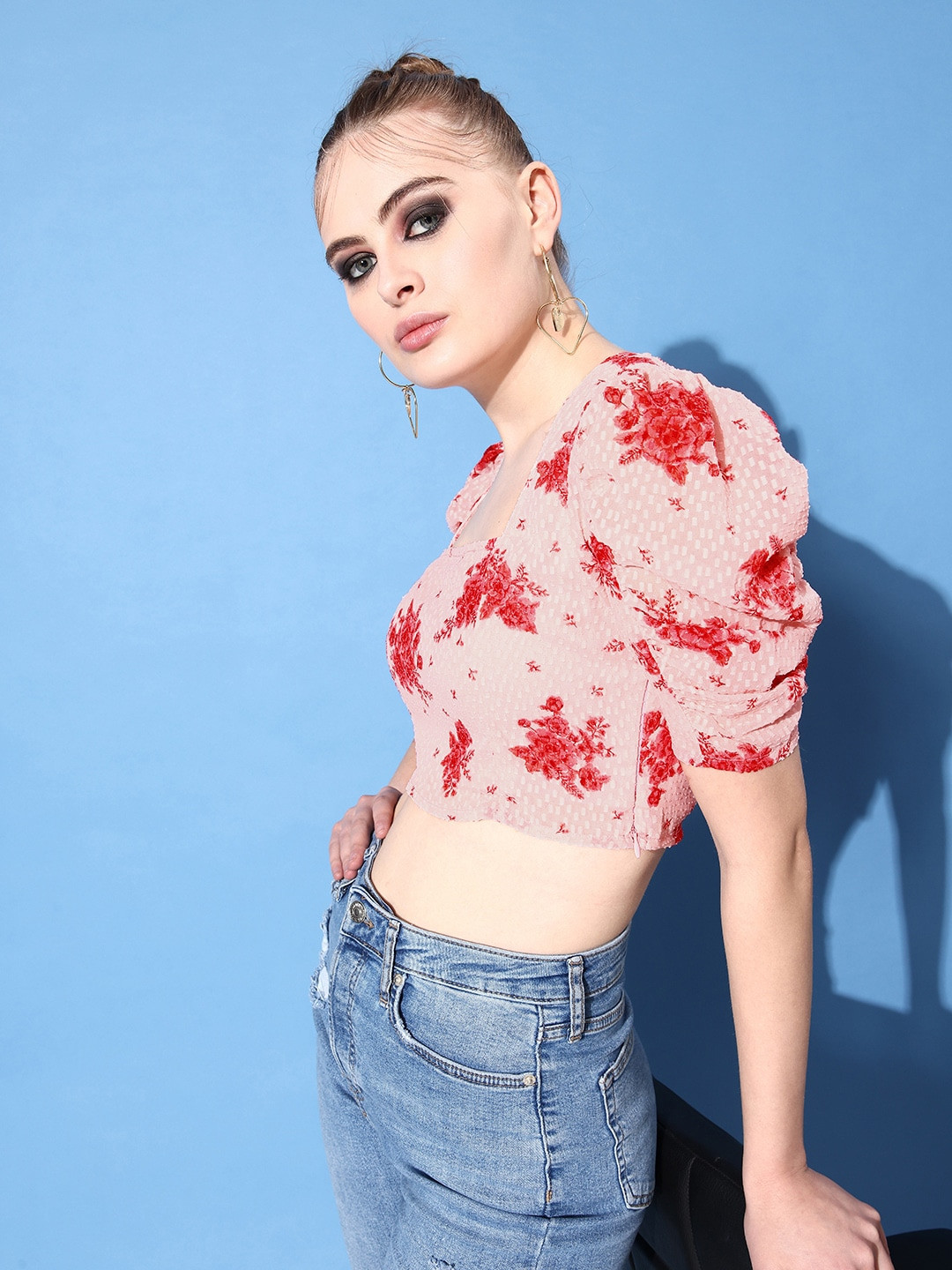 Dressberry Blush Pink & Cheeky Red Floral Print Emo 2.0 Once Upon a Sleeve Crop Top
