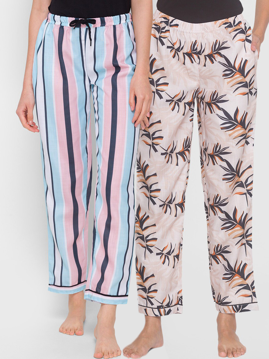 FashionRack Pack of 2 Beige & Blue Printed Cotton Lounge Pants