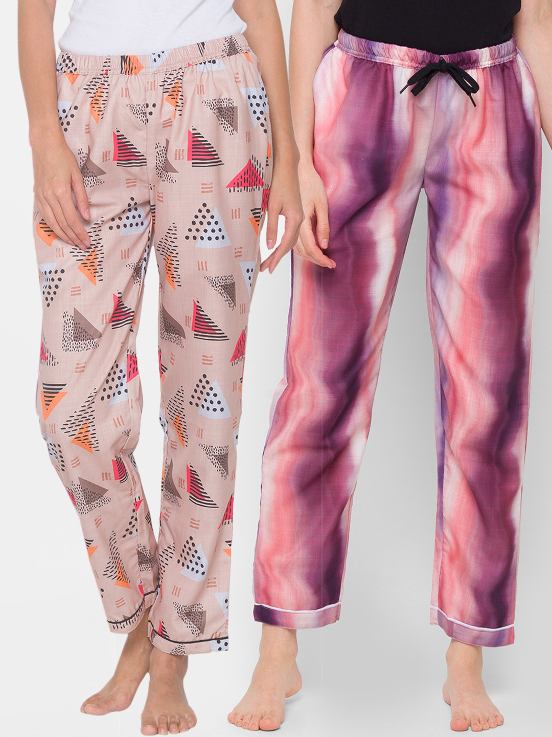 FashionRack Women Pack of 2 Abstract Triangle Tie-Dye Printed Cotton Lounge Pants