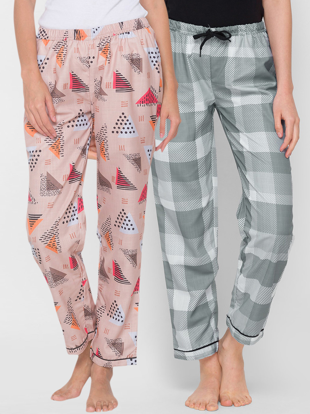 FashionRack  Women Pack of 2Grey & Beige Printed Cotton Lounge Pants