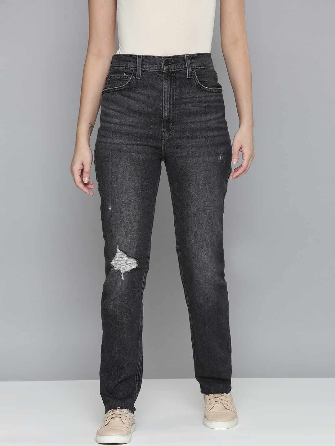 Levis Black 70's High Straight Mildly Distressed Light Fade Jeans