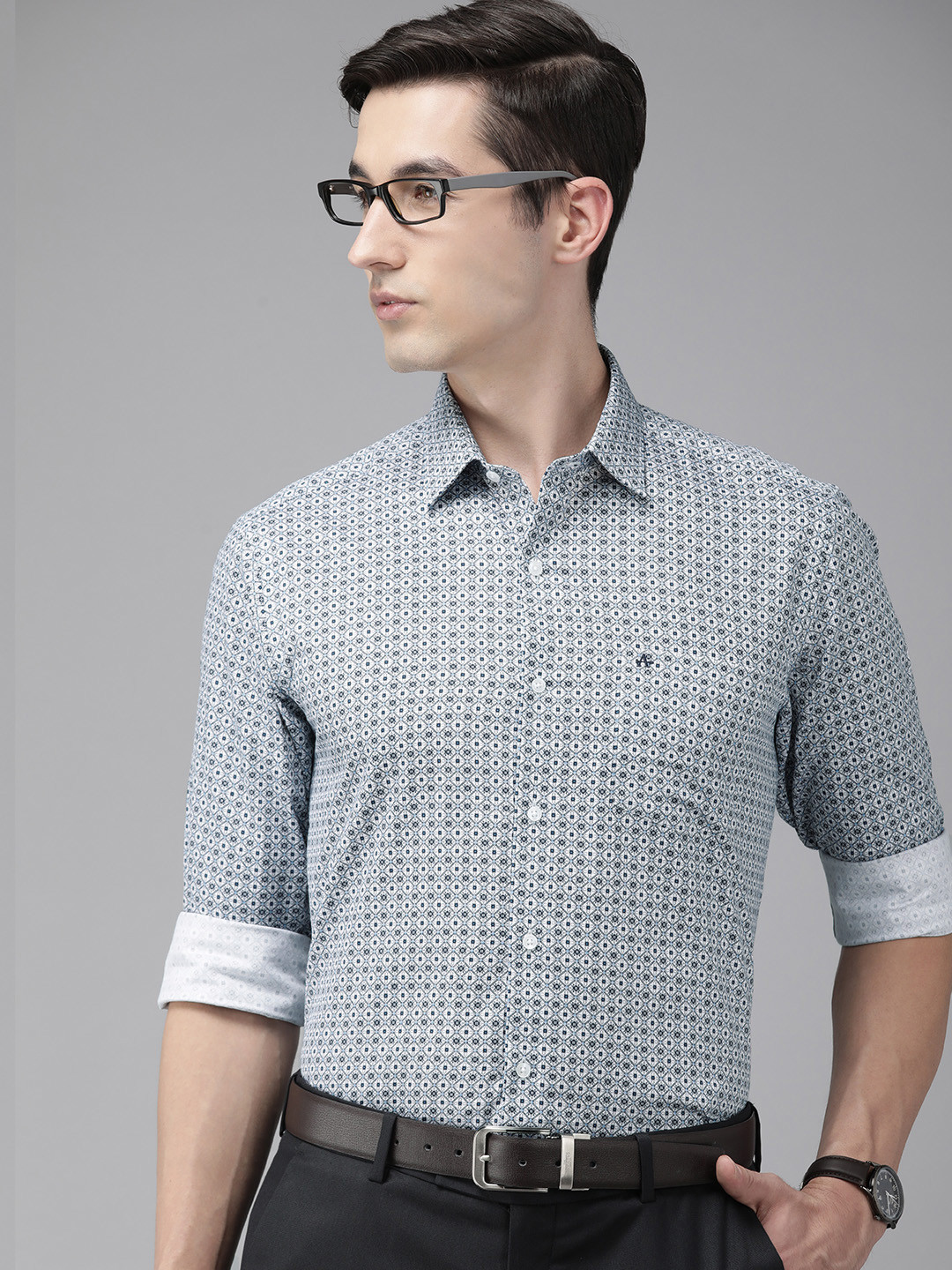 Arrow Men Blue And White Original Slim Fit Geometric Printed Pure Cotton Formal Shirt