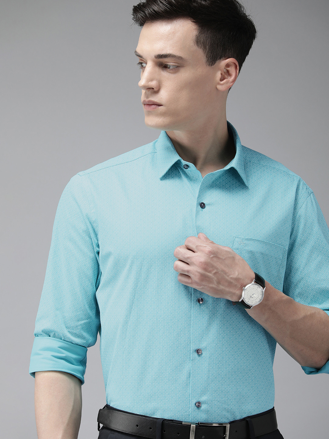 Arrow Men Turquoise Blue & White Pure Cotton Original Slim Fit Printed Formal Shirt