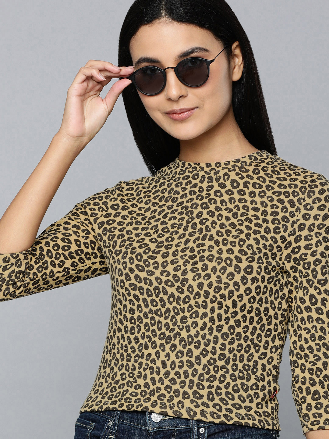 Levis Women Yellow & Black Animal Print Fitted Top