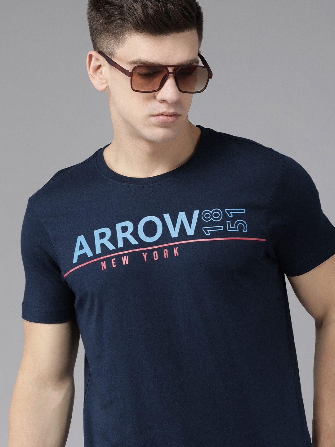 Arrow Men Navy Blue Brand Logo Print Round Neck Pure Cotton Slim Fit T-shirt