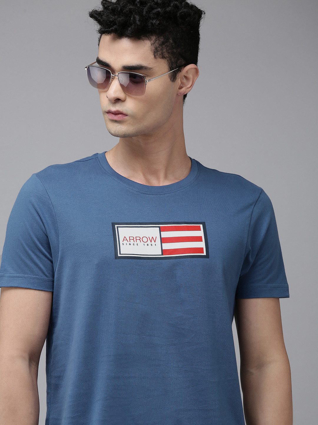 Arrow Men Blue Brand Logo Printed Pure Cotton T-shirt