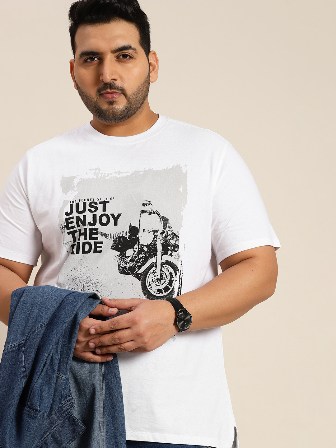 Sztori Men Plus Size White & Black Biker Printed Pure Cotton T-shirt