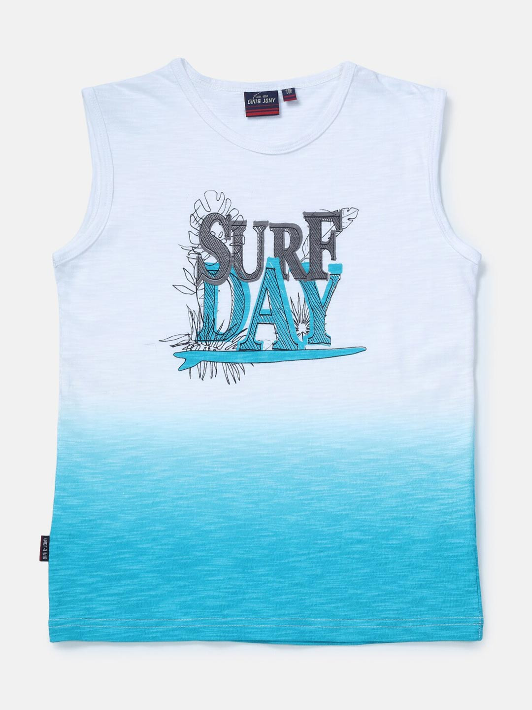 Gini and Jony Boys Blue & White Typography Printed Sleeveless T-shirt