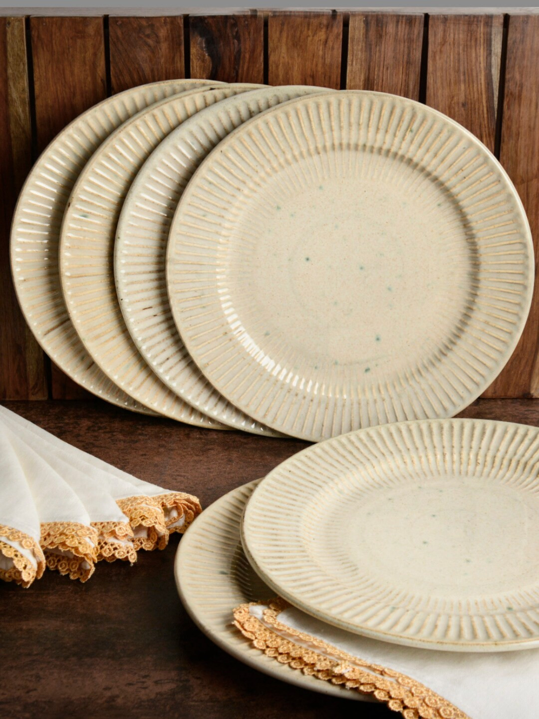 StyleMyWay Beige 12Pieces Ribbed Ceramic Dishwasher & Microwave safe Plates With Napkins