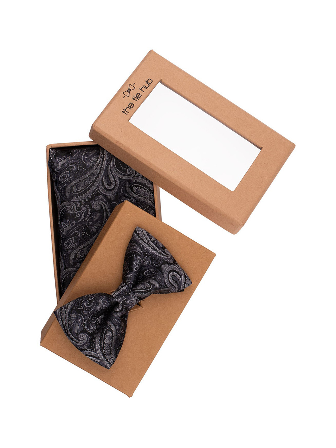 The Tie Hub Men Custom Grey Paisley Bow Tie and Pocket square Gift Set