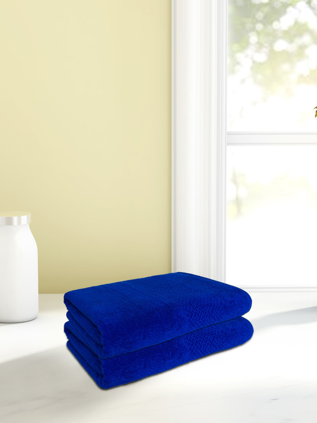 SPACES Set of 2 Blue Solid Cotton 450 GSM Ultra Soft Quick Dry Nano Spun Hand Towels