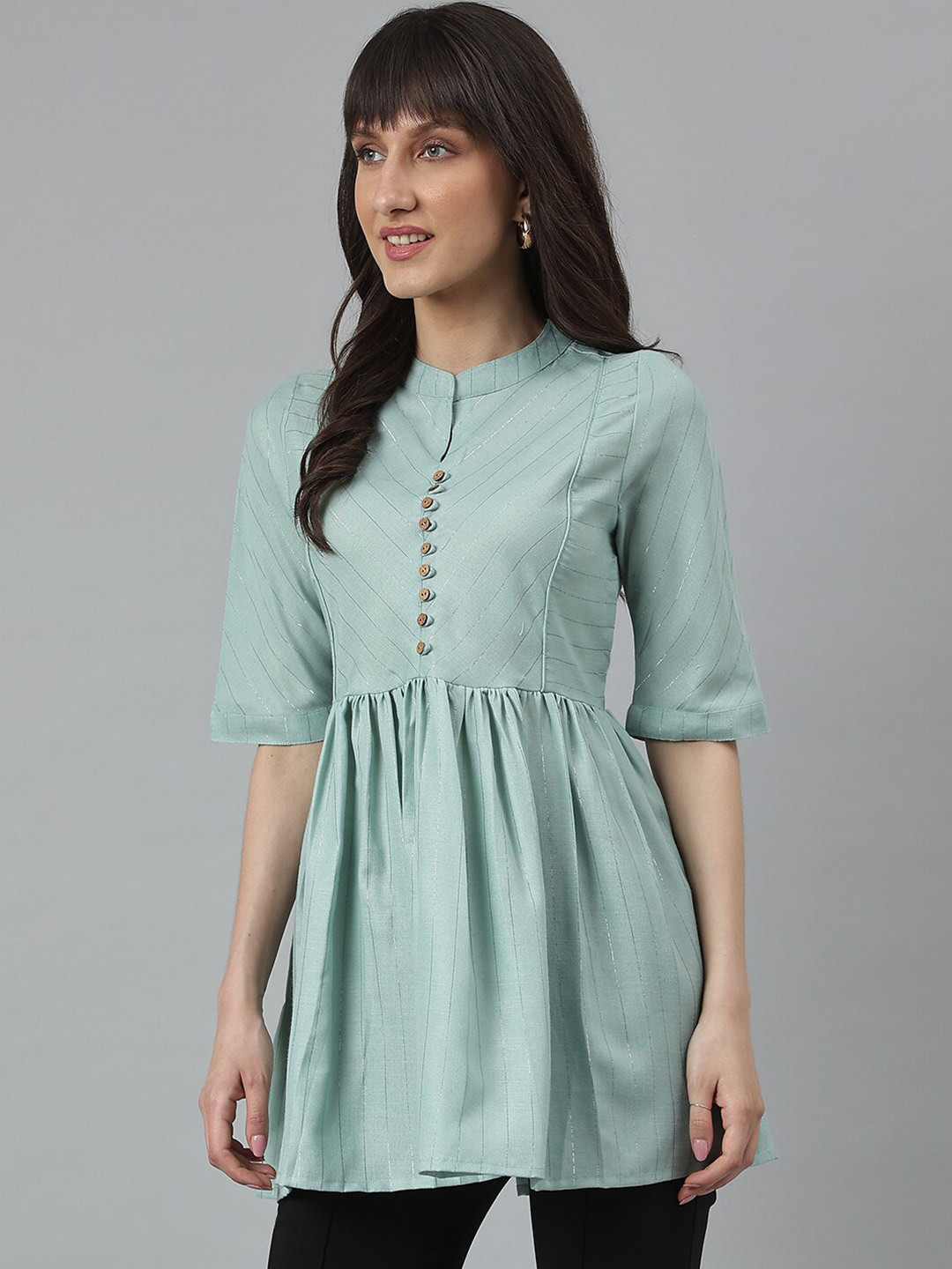 DECKEDUP Green Printed Pleats  Gathered Top